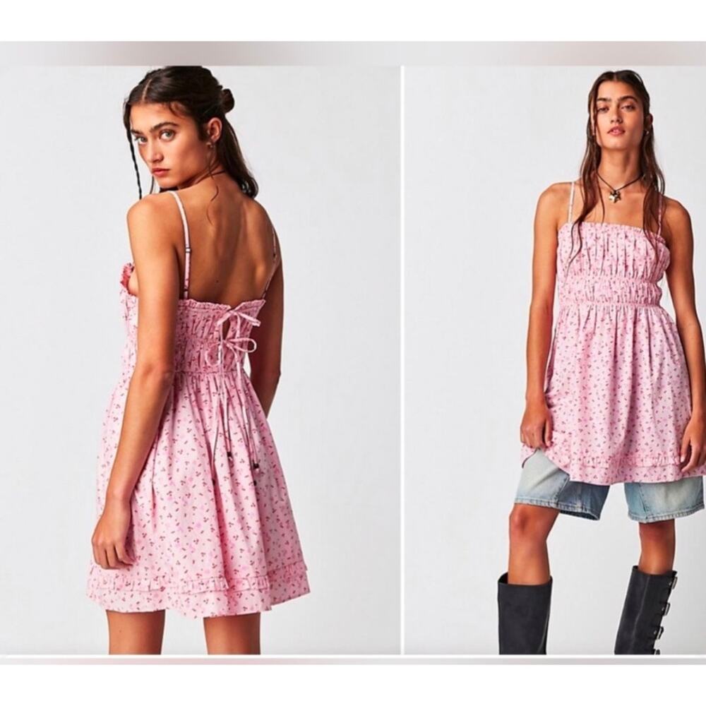 NEW Free People Pink Cherry Print Gabby Dress
